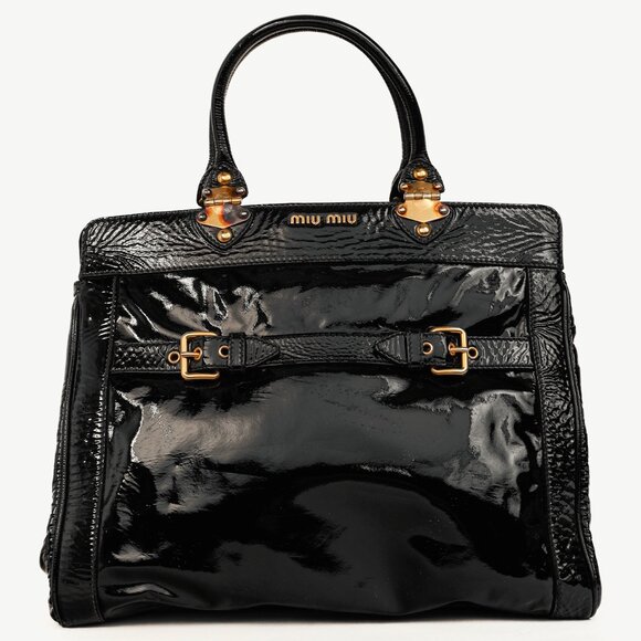 Miu Miu Twiggy Black Patent Leather Buckled Tote Bag - Picture 1 of 11